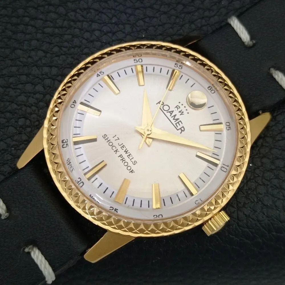 Vintage 1987 Roamer Manual Mens Gold Watch W/Leather Strap & Silver accents